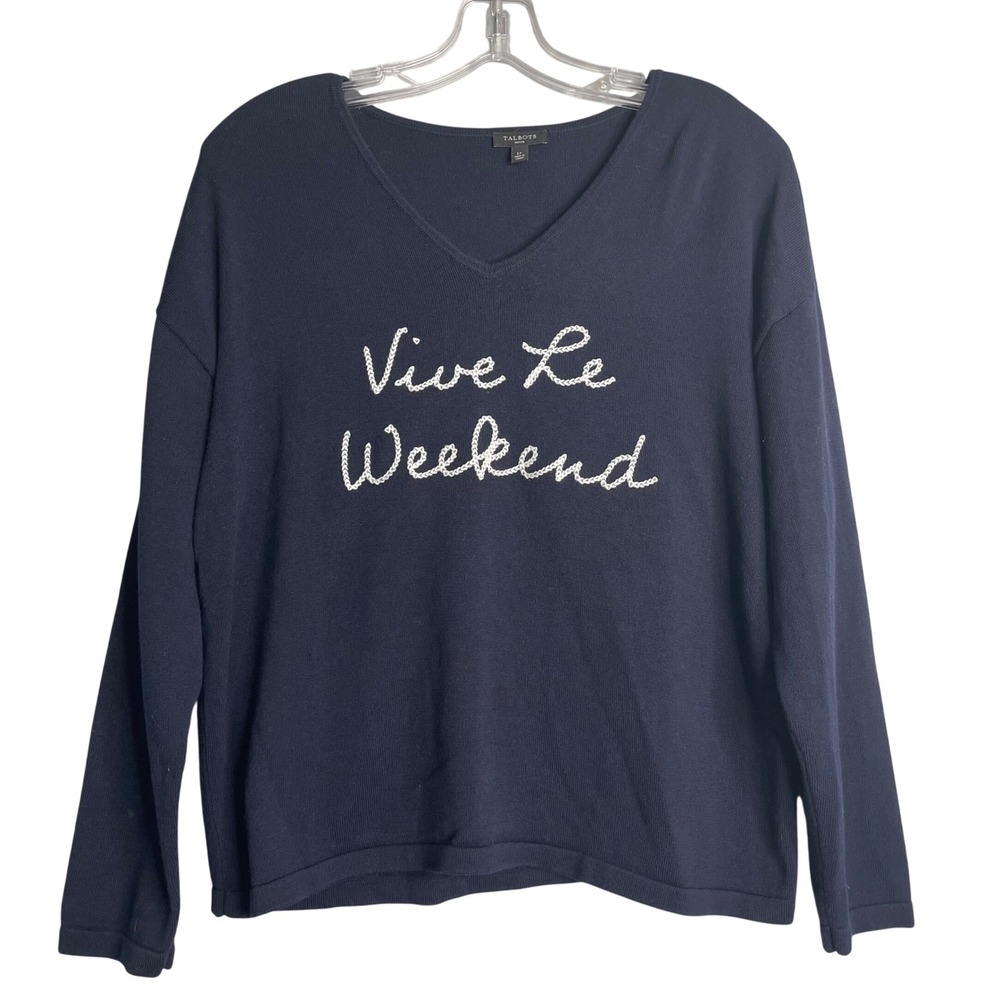 Talbots‎ Weekend V Neck Pullover Sweater Jumper Womens L Petite Navy Blue Soft